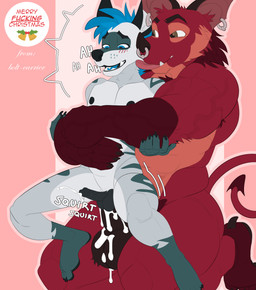 anal anal_penetration anthro balls black_balls black_nipples black_penis blue_eyes blue_hair blush blush_lines bodily_fluids brown_eyes cum cum_in_ass cum_inside cum_while_penetrated duo ear_piercing ear_ring face_lick facial_piercing fur genital_fluids genitals grey_body grey_fur hair holidays kneeling leaking_cum licking male male/male muscular muscular_anthro muscular_male nipples nose_piercing nose_ring on_bottom on_top onomatopoeia open_mouth penetration penis piercing red_body red_fur reverse_cowgirl_position ring_piercing sex simple_background sound_effects striped_body striped_fur stripes tail text tongue vein veiny_muscles bolt_carrier christmas aardwolf bat canid canine canis demon hyena mammal wolf absurd_res digital_drawing_(artwork) digital_media_(artwork) hi_res