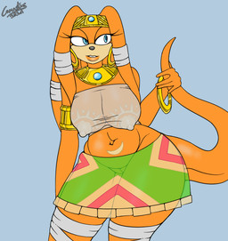 anthro armlet bandage bandeau belly big_breasts bottomwear breasts clothed clothing dreadlocks ear_piercing ear_ring female furgonomics genitals jewelry lips long_tail navel nipples piercing pose ring_piercing shirt skirt solo tail tail_through_skirt tank_top tattoo thick_bottom_lip thick_thighs topwear translucent translucent_clothing tribal vulva wide_hips canastus sega sonic_adventure sonic_the_hedgehog_(series) tikal_the_echidna echidna mammal monotreme pinup