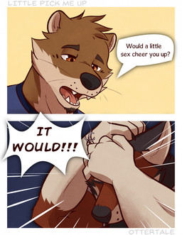 5_fingers anthro black_nose bracelet brown_body brown_fur dialogue duo fangs fingers fur humanoid_hands jewelry male male/male red_body red_fur speech_bubble teeth text tongue whiskers ventkazemaru echo_(game) echo_(series) echo_project chase_hunter leo_alvarez canid canine canis mammal mustelid otter red_wolf wolf comic english_text hi_res