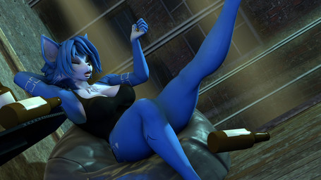 anthro big_breasts black_clothing black_fingernails black_nails black_topwear blue_body blue_fur blue_hair bottle breasts clothing colored_nails container drunk eyes_closed female fingernails fur hair multicolored_body multicolored_fur nails solo substance_intoxication topwear two_tone_body two_tone_fur white_body white_fur psikokinetic warfaremachine_(modeler) nintendo star_fox krystal_(star_fox) warfare_krystal canid canine fox mammal 16:9 2026 3d_(artwork) digital_media_(artwork) hi_res source_filmmaker_(artwork) widescreen