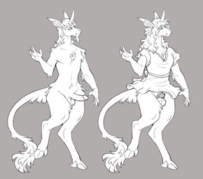 anthro before_and_after breasts chastity_cage chastity_device clothing dress fangs feminization forced forced_feminization genitals gynomorph hair hooves horn intersex long_hair penis small_breasts small_penis solo sundress teeth kinksiyo mythology absinthe_(thesphur) equid equine mammal mythological_creature mythological_equine unicorn hi_res monochrome
