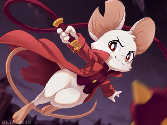 3_toes 4_fingers anthro barefoot bottomless bottomless_anthro bottomless_female cape clothed clothing cloud detailed_background feet female fingers fur looking_at_viewer night no_underwear notched_ear pantsless partially_clothed paws red_clothing red_eyes smile solo spiked_ball spikes tail toes weapon whip white_body white_fur liet4649 mina_the_hollower yacht_club_games mina_(mina_the_hollower) mammal mouse murid murine rodent 2026 4:3 hi_res watermark