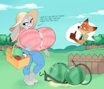 anthro big_breasts breasts bulumble-bee canid canine clothed clothing disney duo english_text female food fox fruit fur gesture grey_body grey_fur hand_gesture huge_breasts hyper hyper_breasts judy_hopps lagomorph leporid male mammal melon nick_wilde plant rabbit red_fox smile text thumbs_up true_fox watermelon zootopia
