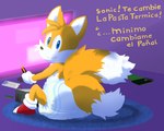 2_tails abdl anthro clothed clothing diaper diaper_only footwear footwear_only male mostly_nude multi_tail shoes shoes_only sitting sitting_on_ground solo tail text topless wearing_diaper padded_panda sega sonic_the_hedgehog_(series) miles_prower canid canine fox mammal 5:4 absurd_res hi_res spanish_text translation_request