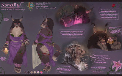 anthro bathing chest_tuft clothing curvy_figure dialogue ear_tuft female flower plant purple_clothing showering soap solo sweetroll text tuft voluptuous sword_draws microsoft the_elder_scrolls komalla_(sword_draws) felid khajiit mammal absurd_res english_text hi_res model_sheet
