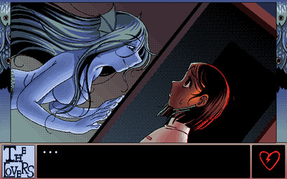 anthro bodily_fluids breasts broken_heart duo ear_fins ellipsis female feral fin glass gradient hair heart_symbol pc-98 sweat sweatdrop water_tank glubglub aquatic fish human mammal 16:10 digital_media_(artwork) dithering pixel_(artwork) restricted_palette widescreen