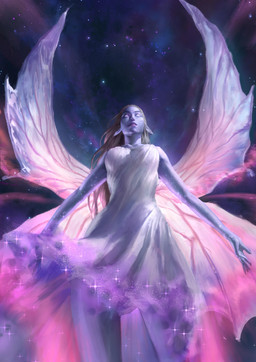 breasts brown_hair clothing dress female hair humanoid_pointy_ears insect_wings lepidopteran_wings low-angle_view not_furry pointy_ears purple_body solo sparkles star white_clothing white_dress wings neroqhile paizo pathfinder desna_(pathfinder) deity fairy humanoid 2024 absurd_res digital_media_(artwork) hi_res
