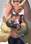 3_fingers anthro athletic athletic_female big_breasts blush bodily_fluids bottomwear bra breasts cleavage clothed clothing eyebrows eyelashes female fingers floppy_ears grey_background heart_symbol long_ears looking_at_viewer lop_ears midriff navel pink_nose print_sports_bra red_eyes red_sclera shorts simple_background solo sports_bra sweat underwear animahakim nintendo pokemon generation_4_pokemon lagomorph lopunny mammal pokemon_(species) 2022 absurd_res hi_res