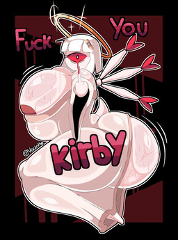 areola areola_slip bandage big_breasts big_butt blood bodily_fluids breasts butt clothing female gesture hair halo hand_gesture huge_breasts huge_butt middle_finger mouthless nipple_slip red_eyes robe short_hair simple_background solo sweat tail text white_body white_hair wings voctopie kirby_(series) kirby_64:_the_crystal_shards nintendo 02_(kirby) angel cyclops humanoid absurd_res hi_res