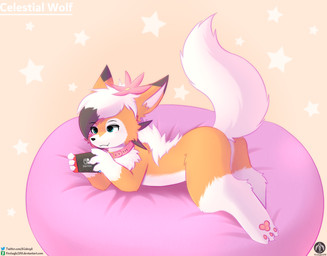 ambiguous_gender anthro blush collar console cushion fur gaming lying orange_body orange_fur pawpads smile solo text senz nintendo nintendo_switch pokemon generation_7_pokemon lycanroc midday_lycanroc pokemon_(species) absurd_res hi_res url