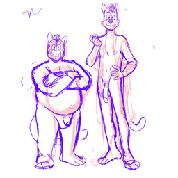 anthro casual_nudity duo eyebrows freckles fur genitals long_penis male male_anthro nude penis pompadour pubes slightly_chubby slim smile standing teeth_showing thick_eyebrows p_rindustries osmond_(p_rindustries) wilt_(p_rindustries) domestic_cat felid feline felis mammal 1:1 2026 guide_lines hi_res sketch