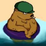 anthro beach black_nose brown_body brown_fur cigarette clothing flat_cap fur hat headgear headwear inflatable male mostly_nude mouth_hold partially_submerged pool_toy sand seaside simple_background smoking solo swim_ring water boarball bear mammal 1:1 digital_media_(artwork) low_res pixel_(artwork)