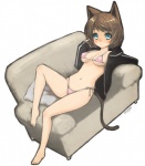 bare_legs barefoot bikini blue_eyes breasts brown_hair cleavage clothed clothing feet female furniture hair hooded_jacket looking_at_viewer navel reclining short_hair side-tie_bikini side-tie_clothing side-tie_swimwear simple_background skimpy sofa solo string_bikini swimwear tail triangle_bikini two-piece_swimsuit white_background miyamae_porin animal_humanoid cat_humanoid felid felid_humanoid feline feline_humanoid humanoid mammal mammal_humanoid hi_res signature