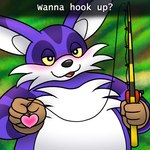 anthro black_eyes black_nose blush brown_clothing brown_gloves brown_handwear clothing detailed_background fishing_rod flirting flirting_with_viewer fur gloves green_background half-closed_eyes handwear looking_at_viewer male narrowed_eyes open_mouth purple_body purple_fur simple_background solo tongue_showing white_body white_fur yellow_sclera nishi_oxnard sega sonic_the_hedgehog_(series) big_the_cat domestic_cat felid feline felis mammal 1:1