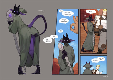 backpack bent_over black_body blonde_hair bodily_fluids clothed clothing duo faceless_character faceless_male female fully_clothed gesture hair hand_gesture hood horn light_body light_skin male ok_sign purple_body robe spade_tail speech_bubble staff sweat tail text bebebebebe merizana demon demon_humanoid human humanoid mammal 2022 comic english_text