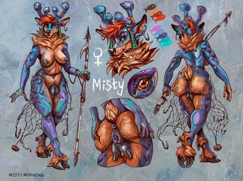 animal_genitalia anthro breasts breasts_and_teats butt female genitals mature_female nude piercing scar solo teats udders vulva wide_hips misty_morning cervine deer elk mammal hi_res model_sheet