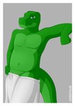 absurd_res alligator alligatorid anthro blue_eyes border crocodilian green_body green_scales grey_background hi_res looking_at_viewer male navel orbitalis reptile scales scalie simple_background slightly_chubby smile solo towel white_border