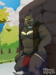 anthro big_bulge bulge clothing looking_at_viewer male muscular muscular_anthro muscular_male navel outside pecs smile solo underwear yellow_eyes lazy_tiggy silver_fang canid canine canis mammal wolf 3:4 hi_res