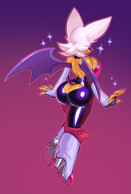 anthro armwear backless_clothing boots breast_squish breasts butt_cleavage butt_cutout choker clothing cutout elbow_gloves eyes_closed female fingerless_gloves footwear gloves gradient_background handwear high_heeled_boots high_heels jewelry membrane_(anatomy) membranous_wings necklace rear_view shoes simple_background solo sparkles squish wings jamoart sega sonic_the_hedgehog_(series) rouge_the_bat bat mammal absurd_res hi_res