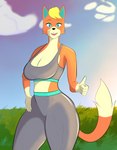 anthro athletic_wear big_breasts blue_eyes bottomwear bra breasts clothing female fur hand_on_hip high_waisted_bottomwear huge_breasts looking_at_viewer orange_body orange_fur pants small_waist smile smiling_at_viewer solo sports_bra sunset thick_thighs underwear wide_hips yoga_pants jigglephysics animal_crossing nintendo audie_(animal_crossing) canid canine canis mammal wolf absurd_res hi_res