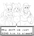 2016 anthro black_and_white breasts clefairy clothed clothing comic covering covering_breasts crossed_arms dialogue elpatrixf english_text feathered_wings feathers featureless_breasts female generation_1_pokemon group hat head_wings headgear headwear human male mammal monochrome navel nintendo open_mouth panties panties_only pokemon pokemon_(species) pokemon_trainer pokemorph quadriceps_(elpatrixf) reptile ro_(elpatrixf) scalie slightly_chubby text topless turtle underwear underwear_only wartortle wings