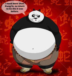 anthro belly big_belly black_body black_fur blue_eyes bottomwear clothed clothing footwear fur male navel obese obese_anthro obese_male open_mouth overweight overweight_anthro overweight_male pants speech_bubble text white_body white_fur xxsparcoxx dreamworks kung_fu_panda master_po_ping bear giant_panda mammal 2015 english_text hi_res