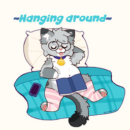anthro bedding bell bell_collar blanket blep blue_collar book cellphone claws clothed clothing collar convenient_censorship dipstick_ears dipstick_fingers dipstick_tail dipstick_toes ear_markings electronics eyes_closed eyewear femboy footwear fur glasses gold_bell grey_body hair leg_warmers legwear lying male markings mostly_nude_anthro mostly_nude_male multicolored_ears on_back pattern_clothing pattern_legwear pawpads paws phone pillow pink_nose round_glasses scratching scratching_belly simple_background slightly_chubby slightly_chubby_anthro slightly_chubby_male smartphone smile socks solo spots spotted_markings striped_clothing striped_legwear stripes tail tail_markings teeth text thigh_highs thigh_socks tongue tongue_out tuft warmers_only whiskers artistic_dot nixuelle domestic_cat egyptian_mau felid feline felis mammal 1:1 2025 digital_media_(artwork) english_text hi_res
