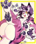 4_fingers anthro arm_tuft bent_legs big_butt breasts butt butt_focus cheek_tuft claws cute_fangs facial_tuft fangs feet female fingers fluffy fur hair hindpaw huge_butt inner_ear_fluff kemono knees_bent looking_at_viewer lying multicolored_body multicolored_fur nude on_back outline pawpads paws pose pupils purple_body purple_fur purple_hair shoulder_tuft simple_background slit_pupils smile solo stripes teeth thick_thighs tongue tuft two_tone_body two_tone_fur white_body white_fur yellow_eyes ground-lion tsukiyo mammal unknown_species 2017 hi_res