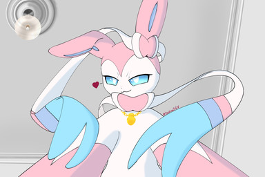 bedroom bedroom_eyes blue_eyes blue_inner_ear bow_(anatomy) detailed_background female feral first_person_view fur hair_bow_(anatomy) heart_symbol jewelry leg_markings light_bulb looking_at_viewer low-angle_view markings monotone_tail multicolored_body multicolored_fur narrowed_eyes neck_bow_(anatomy) necklace one_ear_up pink_body pink_ears pink_fur pink_tail ribbons_(anatomy) seductive socks_(marking) solo tail two_tone_body two_tone_fur white_body white_fur joshuas nintendo pokemon cora_(joshuas) eeveelution generation_6_pokemon pokemon_(species) sylveon 2026 digital_drawing_(artwork) digital_media_(artwork) hi_res