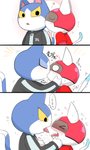 3_panel_comic anthro armor blue_body blue_fur bodily_fluids drooling duo french_kissing fur headgear helmet kiss_on_lips kissing making_out male male/male saliva saliva_string superhero surprise_kiss text tongue visor white_body white_fur kasugai animal_crossing nintendo kid_cat_(animal_crossing) tom_(animal_crossing) domestic_cat felid feline felis mammal 3:5 comic japanese_text