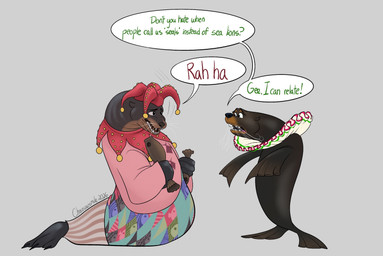 anthro bottomwear brown_body clothing clown dialogue duo feral grey_background hat headgear headwear humor male male/male pants pink_bottomwear pink_clothing pink_pants pink_shirt pink_topwear shirt simple_background talking_feral text topwear chainsxwsmile disney dreamworks madagascar_(series) zootopia stefano_(madagascar) mammal marine pinniped sea_lion 2026 crossover english_text hi_res