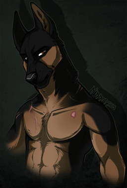 abs biceps black_body black_fur brown_body brown_eyes brown_fur clothed clothing fur looking_at_viewer male muscular muscular_male pecs ryduur scar simple_background solo topless maddogvii canid canine canis domestic_dog mammal 2015