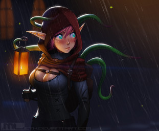 bag blue_eyes blush breasts cleavage cleavage_cutout clothed clothing cutout female hair hood humanoid_pointy_ears keyhole_turtleneck lamp lantern not_furry pink_hair pointy_ears raining short_hair solo sweater tentacles topwear turtleneck window mleth saelihn_(mleth) elf humanoid 2016