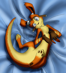 bed_sheet bedding bedding_background blue_eyes chest_tuft clothing confusion eyewear eyewear_on_head featureless_crotch feral fingerless_gloves fur gloves goggles goggles_on_head handwear lying male nude_anthro nude_male on_back orange_body orange_fur paws semi-anthro solo tuft zeakari jak_and_daxter naughty_dog sony_corporation sony_interactive_entertainment daxter mammal mustelid ottsel digital_media_(artwork)