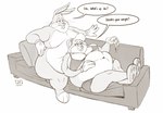 anthro belly big_belly bored clothing duo female food furniture gloves handwear lounging male male/female morbidly_obese morbidly_obese_anthro obese obese_anthro overweight overweight_anthro overweight_female overweight_male pizza sofa text weight_gain dragontzin looney_tunes warner_brothers bugs_bunny lola_bunny lagomorph leporid mammal rabbit 2022 digital_drawing_(artwork) digital_media_(artwork) english_text hi_res monochrome signature