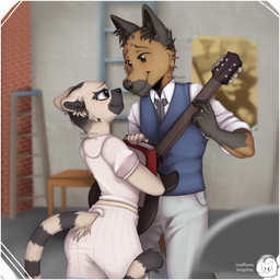 5_fingers anthro black_nose book bottomwear brown_body brown_fur claws clothed clothing collared_shirt dress dress_shirt duo electric_guitar eye_contact face_to_face female finger_claws fingers fur furgonomics gloves_(marking) guitar guitar_pick holding_book holding_guitar holding_musical_instrument holding_object looking_at_another looking_at_partner looking_down looking_up male male/female markings musical_instrument necktie nose_to_nose pants playing_guitar playing_music plucked_string_instrument ring_(marking) ringed_tail romantic romantic_couple school_uniform shirt smile standing string_instrument striped_markings striped_tail stripes tail tail_markings topwear uniform vest white_body white_fur icedfoxes kingshiq beastars kitsunezaru_(beastars) miguno_(beastars) hyena lemur mammal primate ring-tailed_lemur spotted_hyena strepsirrhine 1:1 2021 digital_media_(artwork) hi_res signature