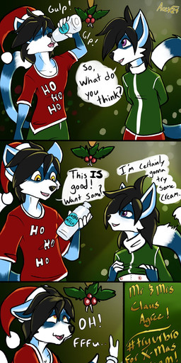 accidental_holly anthro breasts christmas_clothing christmas_decorations christmas_headwear christmas_lights christmas_tree clothed clothing clothing_lift dialogue female hat headgear headwear holidays holly_(plant) humor implied_oral male male/female milk nipples oblivious offscreen_sex plant santa_hat shirt shirt_lift sibling_incest tail tail_motion tailwag text topwear tree acev christmas striped_sins felix_(striped_sins) ryder_(striped_sins) mammal procyonid raccoon comic english_text hi_res incest_(lore) sibling_(lore)