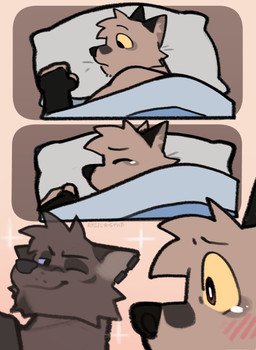 anthro arm_warmers armwear bed blush bodily_fluids brown_body brown_eyes clothing crying duo eyes_closed fist furniture looking_at_own_hand lying male muscular on_bed on_side one_eye_closed pillow remembering sad shirt smile solo sparkles tank_top tears teary_eyes topwear under_covers wink yellow_sclera rygel_spkb milo_(rygel_spkb) yoby_(rygel_spkb) canid canine canis domestic_dog mammal wolf absurd_res comic hi_res multiple_scenes