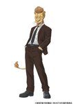 anthro belt bottomwear clothed clothing copyright_symbol footwear hand_in_pocket hands_in_both_pockets looking_at_viewer male necktie pants pockets scar sharp_teeth shirt shoes simple_background solo suit symbol teeth tongue tongue_out topwear white_background orange_co. beastars free_(beastars) felid lion mammal pantherine hi_res official_art