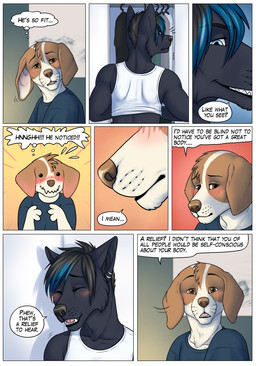 admiring anthro athletic athletic_anthro athletic_male bashful black_body black_fur black_hair blue_eyes blush brown_eyes cheek_tuft closet clothes_hanger clothing curious dialogue dressing duo ear_piercing ear_ring embarrassed eyebrow_through_hair eyebrows eyes_closed facial_tuft fur hair highlights_(coloring) looking_at_another looking_at_partner male motion_lines nightshirt noticing painting_(object) piercing relieved ring_piercing shirt side_view t-shirt tan_body tan_fur tank_top text thought_bubble toothy_grin topwear translucent translucent_hair tuft turning_head gaikotsu airam tauski canid canine canis domestic_dog mammal wolf comic english_text hi_res