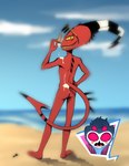 anthro beach blush butt dessert detailed_background dripping duo eyewear food hair ice_cream ice_cream_cone male male/male nude_beach outside rear_view red_body red_eyes sand seaside sky smile sunglasses water silas_blackwing helluva_boss blitzo_(helluva_boss) stolas_(helluva_boss) avian bird demon humanoid imp owl digital_media_(artwork) hi_res