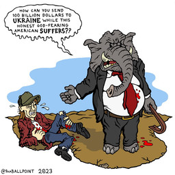 angry anthro belt blood blue_bottomwear blue_clothing bodily_fluids bottomwear brown_belt clothed clothing crowbar dialogue duo fully_clothed grey_body grey_skin hat headgear headwear holding_object male on_ground outside political_cartoon politics simple_background sky suit suit_and_tie text tools trucker_hat united_states_of_america white_background wounded 9mmballpoint republican_party_(usa) russo-ukrainian_war republican_elephant elephant elephantid human mammal proboscidean 1:1 2023 digital_drawing_(artwork) digital_media_(artwork) english_text