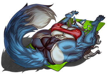 anthro barefoot big_breasts big_butt big_tail blue_body blue_fur blue_tail bottomwear breasts butt camel_toe cleavage clothed clothing dipstick_tail ear_piercing eyebrows eyelashes feet female fully_clothed fur fur_markings hair huge_breasts huge_butt huge_tail long_hair looking_at_viewer markings midriff multicolored_body multicolored_fur nipple_outline piercing sharp_teeth shorts soles solo tail tail_markings teeth thick_thighs tongue tongue_out two_tone_body two_tone_fur two_tone_tail under_boob white_body white_fur white_hair white_tail yoga yoga_mat krezlit canid canine mammal 2026 hi_res