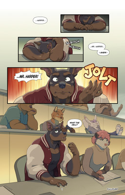 anthro claws clothing dialogue feet female group jacket letterman_jacket male muscular muscular_male paws shirt sleeping soles speech_bubble surprised text topwear waking_up yelling thepurp blake_harper_(thepurp) finn_(thepurp) american_opossum bear canid canine canis dobermann domestic_dog fox lagomorph leporid mammal marsupial pinscher rabbit absurd_res comic english_text hi_res