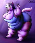 anthro barefoot belly big_belly big_breasts big_butt black_hair blue_highlights blush breasts butt claws cleavage cleavage_overflow clothed clothing ear_piercing ear_ring fangs feet female freckles front_view fur gesture hair hand_gesture highlights_(coloring) huge_breasts huge_butt huge_hips huge_thighs leaning leaning_forward looking_at_viewer morbidly_obese morbidly_obese_anthro morbidly_obese_female obese obese_anthro obese_female open_mouth open_smile overalls overalls_only overweight overweight_anthro overweight_female pawpads piercing purple_body purple_fur ring_piercing shortalls side_boob simple_background smile solo standing teeth text thick_thighs three-quarter_view v_sign wide_hips yellow_sclera wenisberry undertale undertale_(series) catty_(undertale) domestic_cat felid feline felis mammal absurd_res english_text hi_res signature