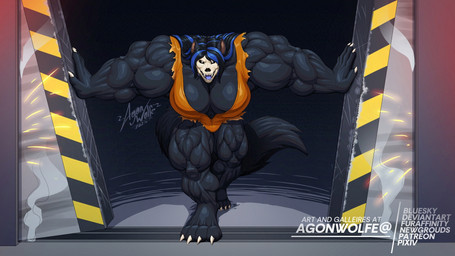 anthro big_muscles black_body black_fur blast_door blue_highlights bone breaking_in clothing female fur highlights_(coloring) huge_muscles hyper hyper_muscles muscular orange_clothing orange_overalls overalls skull skull_head solo agonwolfe canid canine mammal 16:9 hi_res widescreen