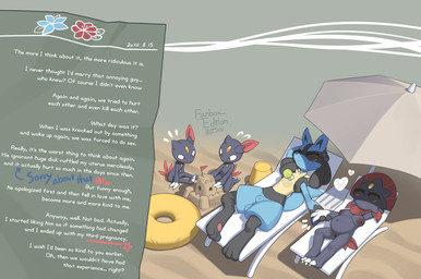 2_fingers 2_toes 3_fingers ambiguous_gender animal_genitalia anthro areola balls beach big_balls biped blue_body blue_fur blue_tail breasts chest_spike claws eyewear feet female finger_claws fingers fully_sheathed fur genitals glasses grey_body grey_fur group hand_holding kneeling lying male navel nipples nude nude_ambiguous nude_anthro nude_female nude_male on_back open_mouth open_smile pregnant pregnant_anthro pregnant_female sheath sitting smile spikes spikes_(anatomy) tail text toe_claws toes vulva zinfyu nintendo pokemon generation_2_pokemon generation_4_pokemon lucario pokemon_(species) sneasel weavile 2025 absurd_res digital_drawing_(artwork) digital_media_(artwork) english_text hi_res