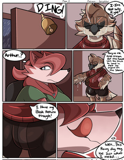 anthro bell bulge clothing dialogue duo eyewear feathers female fur glasses hair jewelry licking licking_lips male necklace raining red_body red_fur red_hair sweater talking_to_another text thought tongue tongue_out topwear turtleneck wet spicykiwi arthur_(spicykiwi) vivian_(spicykiwi) avian bird canid canine fox mammal oscine passerine red_fox sparrow true_fox comic hi_res story