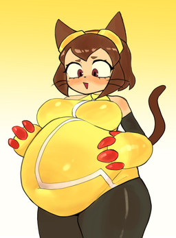 anthro belly belly_focus belly_overhang big_belly big_breasts biped blush breasts brown_eyes brown_hair clothed clothing eyewear eyewear_on_head female gloves goggles goggles_on_head gradient_background hair handwear leggings legwear light_body looking_at_belly looking_at_own_belly looking_at_self navel_outline open_mouth overweight overweight_anthro overweight_female potbelly rail short_hair shy simple_background solo standing thick_thighs topwear weight_gain whiskers yellow_background kirachromova gameoverse glitch_productions kit_bodega domestic_cat felid feline felis mammal 2026 absurd_res digital_drawing_(artwork) digital_media_(artwork) hi_res portrait three-quarter_portrait