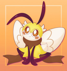 ambiguous_gender antennae_(anatomy) anthro brown_scarf cheek_spots closed_smile fluffy fluffy_tail gradient_background long_scarf looking_up markings mouth_closed orange_background orange_eyes pupils scarf scut_tail short_tail simple_background sitting smile solo tail white_body white_fluff white_pupils wing_markings wings yellow_body usv02 nintendo pokemon arthropod generation_7_pokemon pokemon_(species) ribombee 2025 hi_res male_(lore)